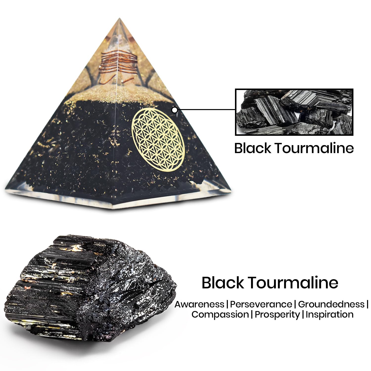 Real Crystal Black Tourmaline Orgonite Pyramid on shelf creates a peaceful room atmosphere.