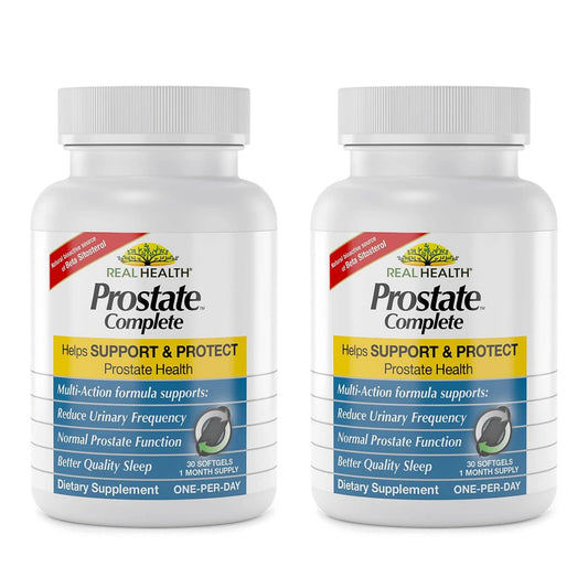 Real Health Prostate Complete softgels bottle for easy daily support.