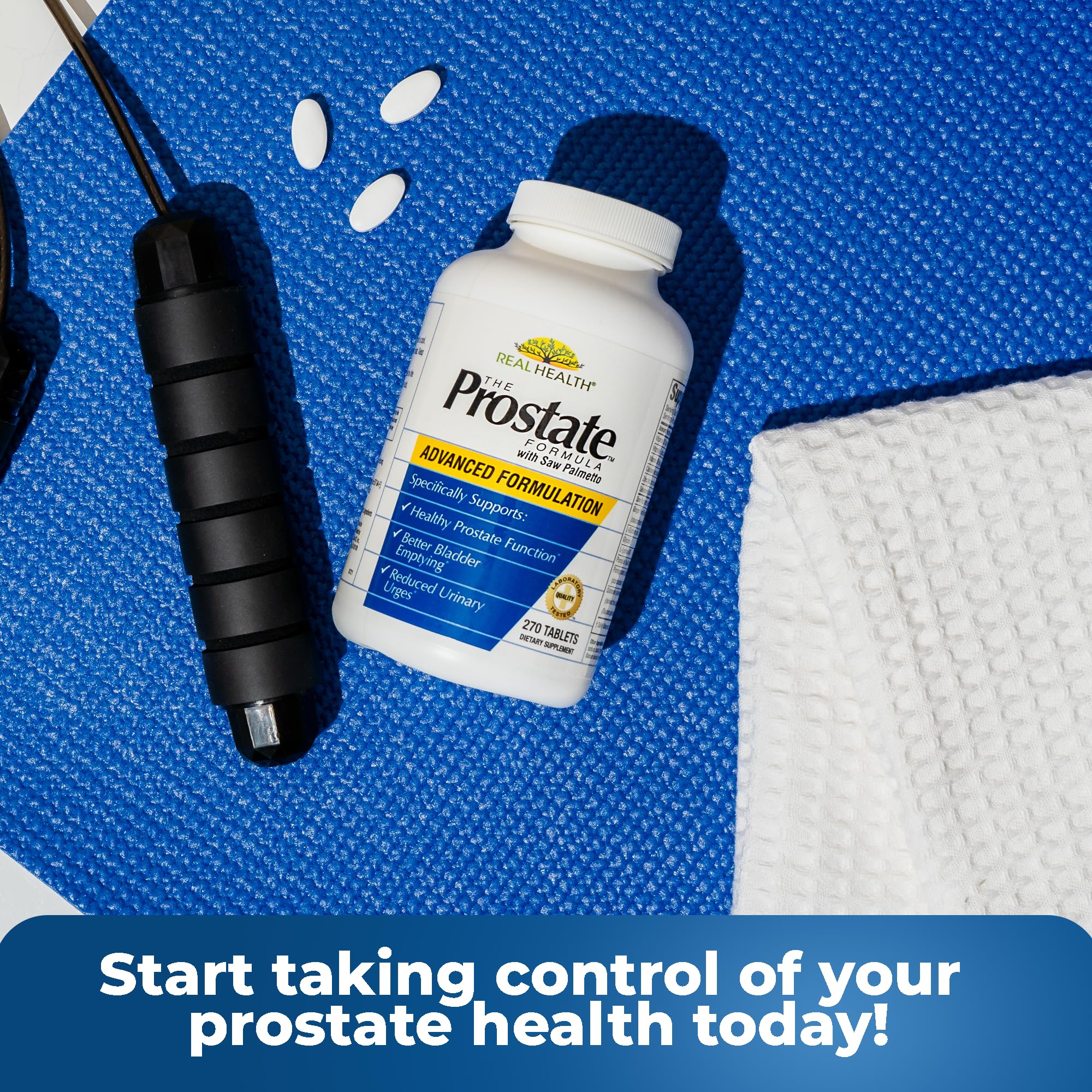 Real Health Prostate Formula 90-day supply packaging on a clinical backdrop.