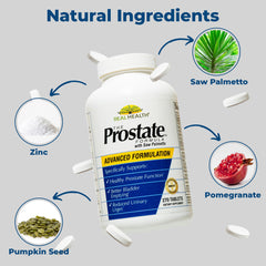 Real Health Prostate Formula ingredients featuring saw palmetto and pumpkin seed.