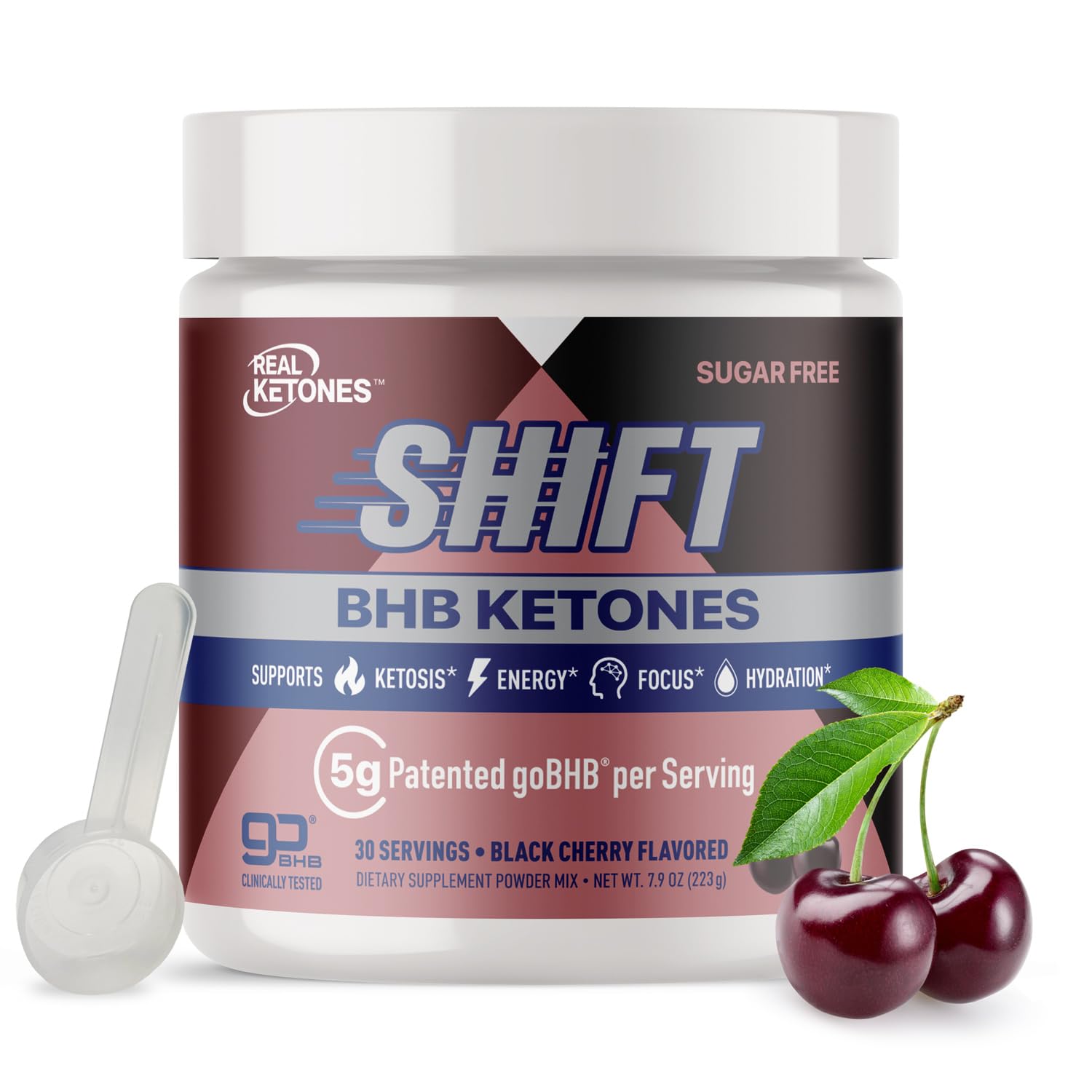 Real Ketones BHB energy powder in black cherry being poured into a glass for hydration.