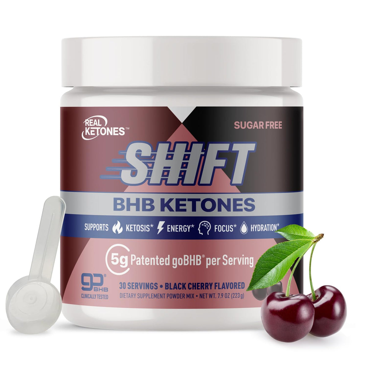 Real Ketones BHB energy powder in black cherry being poured into a glass for hydration.