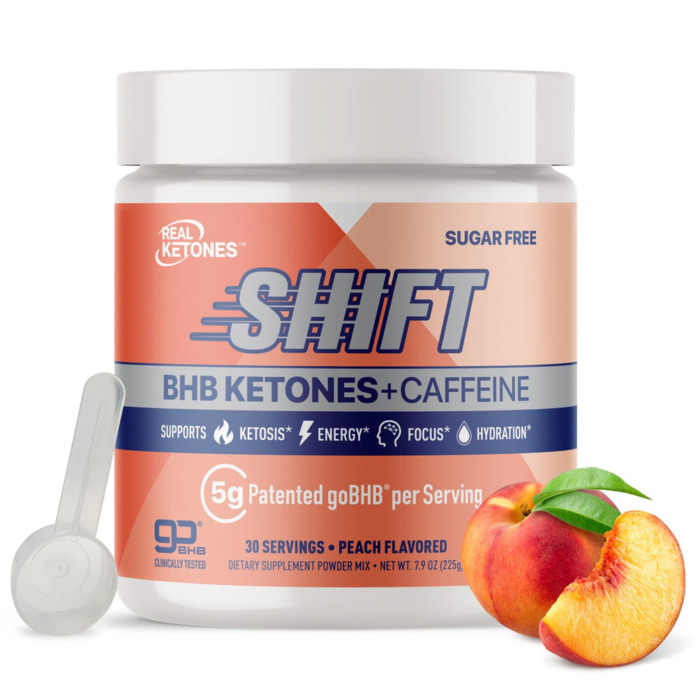 Real Ketones BHB Energy Powder peach bottle pour for steady energy and focus.