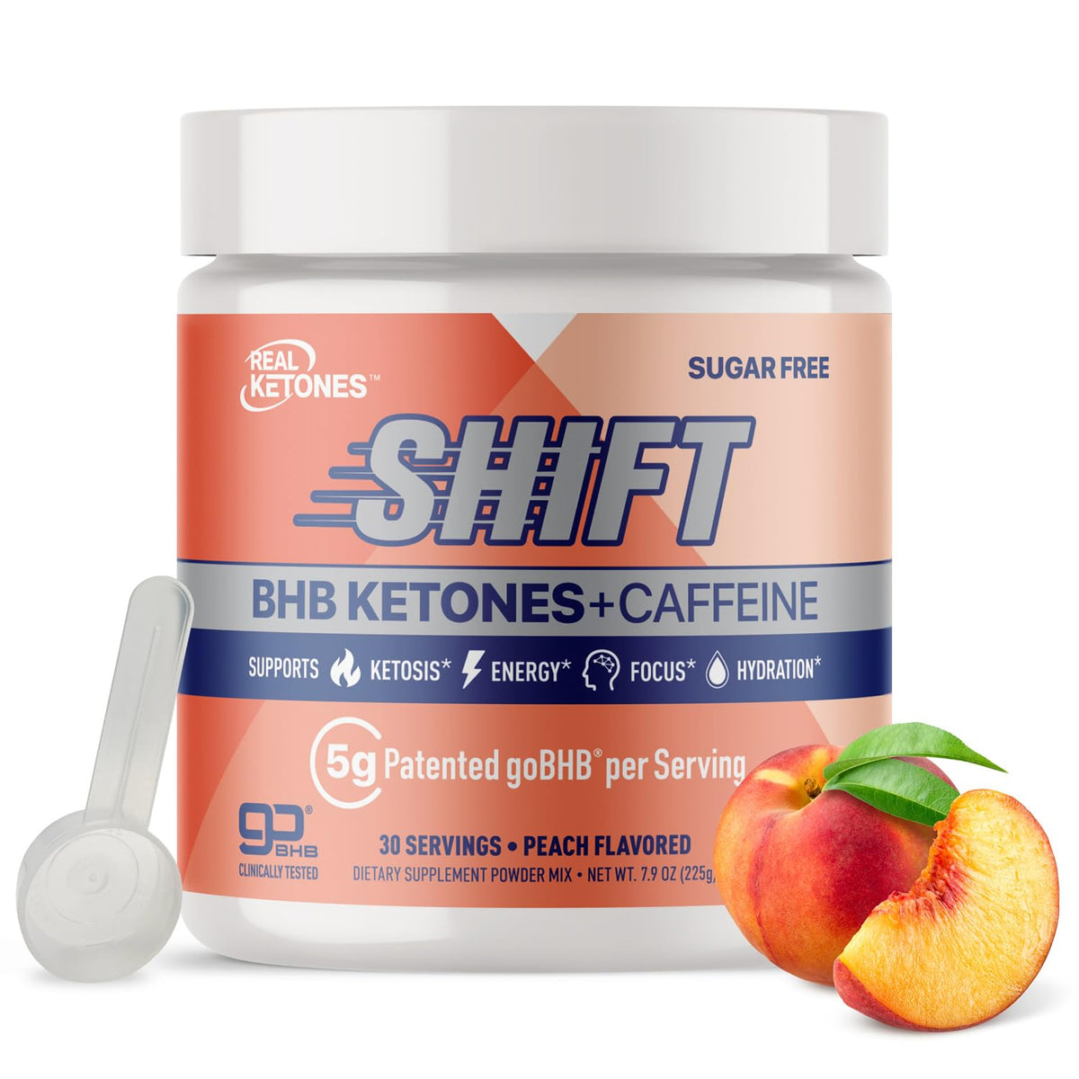 Real Ketones BHB Energy Powder peach bottle pour for steady energy and focus.