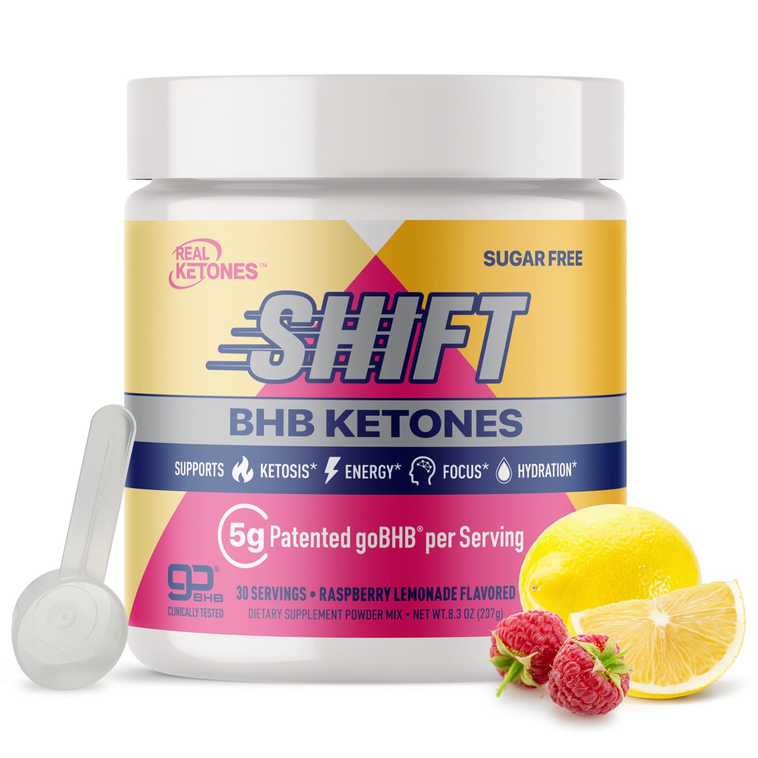 Real Ketones BHB energy powder Raspberry Lemonade serving for sustained energy and hydration.