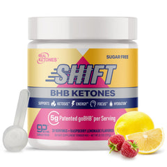 Real Ketones BHB energy powder Raspberry Lemonade serving for sustained energy and hydration.