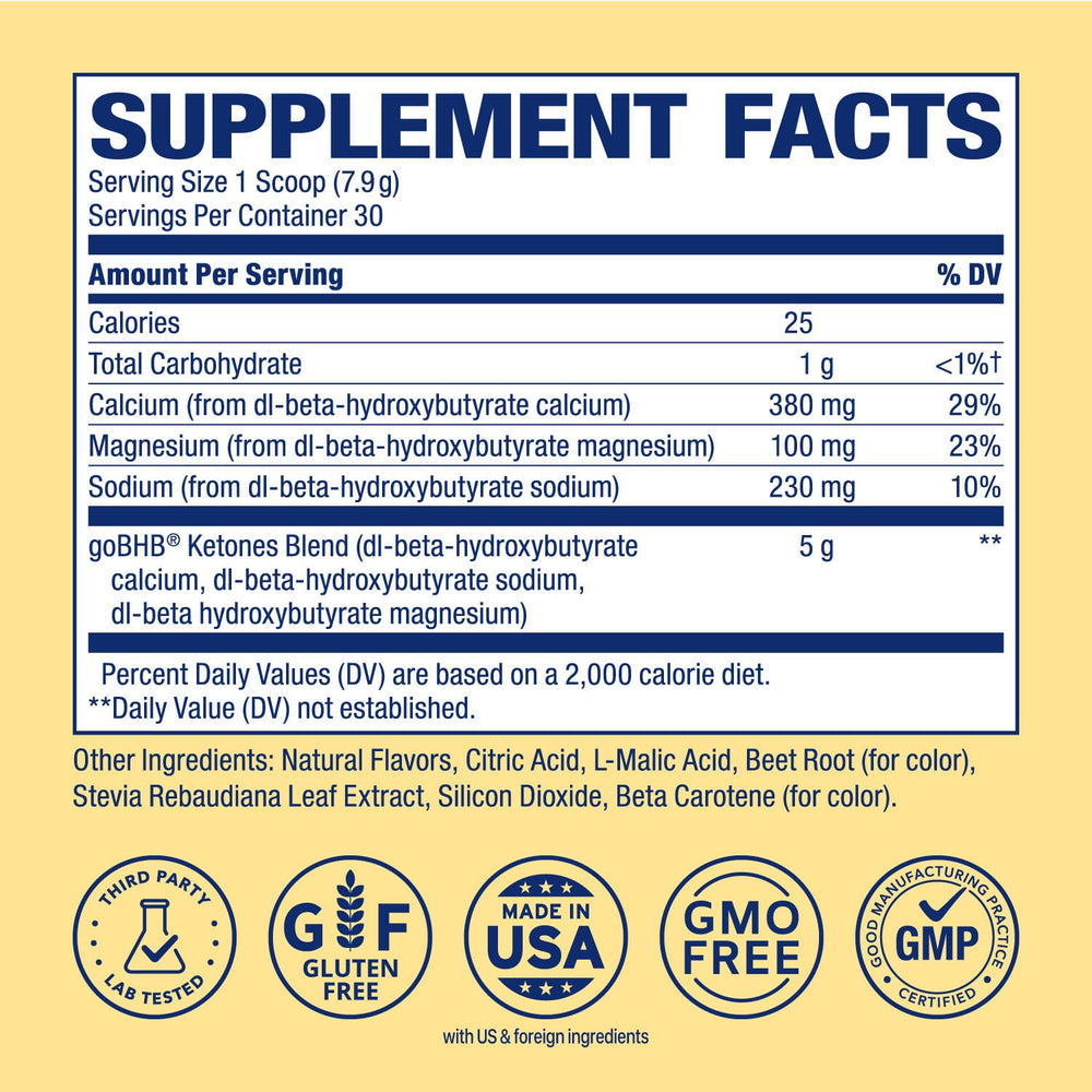 Real Ketones BHB energy powder Raspberry Lemonade tub viewed for keto fueling and portability.