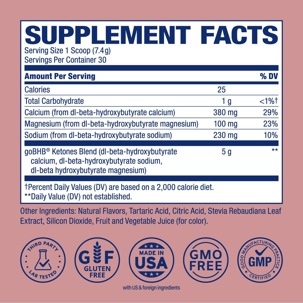 Real Ketones BHB energy powder tub with scoop for easy serving and ketosis support.