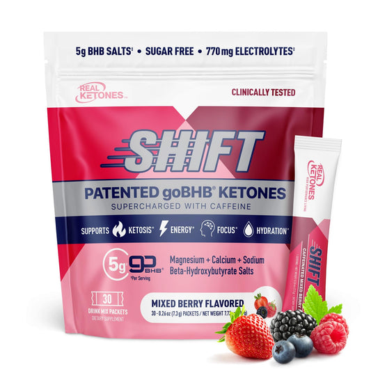 Real Ketones BHB drink mix bottle with mixed berry flavor for on-the-go ketosis aid.