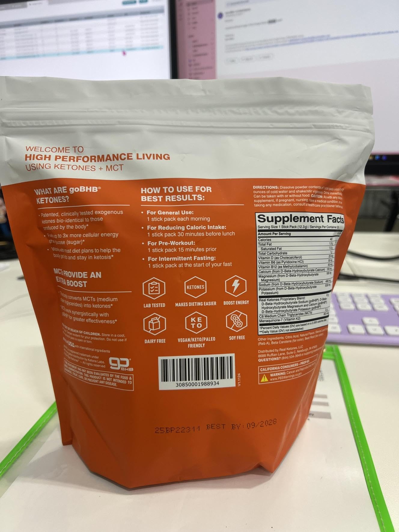 Real Ketones bottle with label close-up communicating exogenous ketone blend.