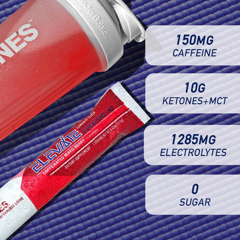 Glass of water with Real Ketones mixed berry drink for steady energy