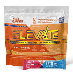 Real Ketones orange drink packets labeled for keto hydration and clean energy.