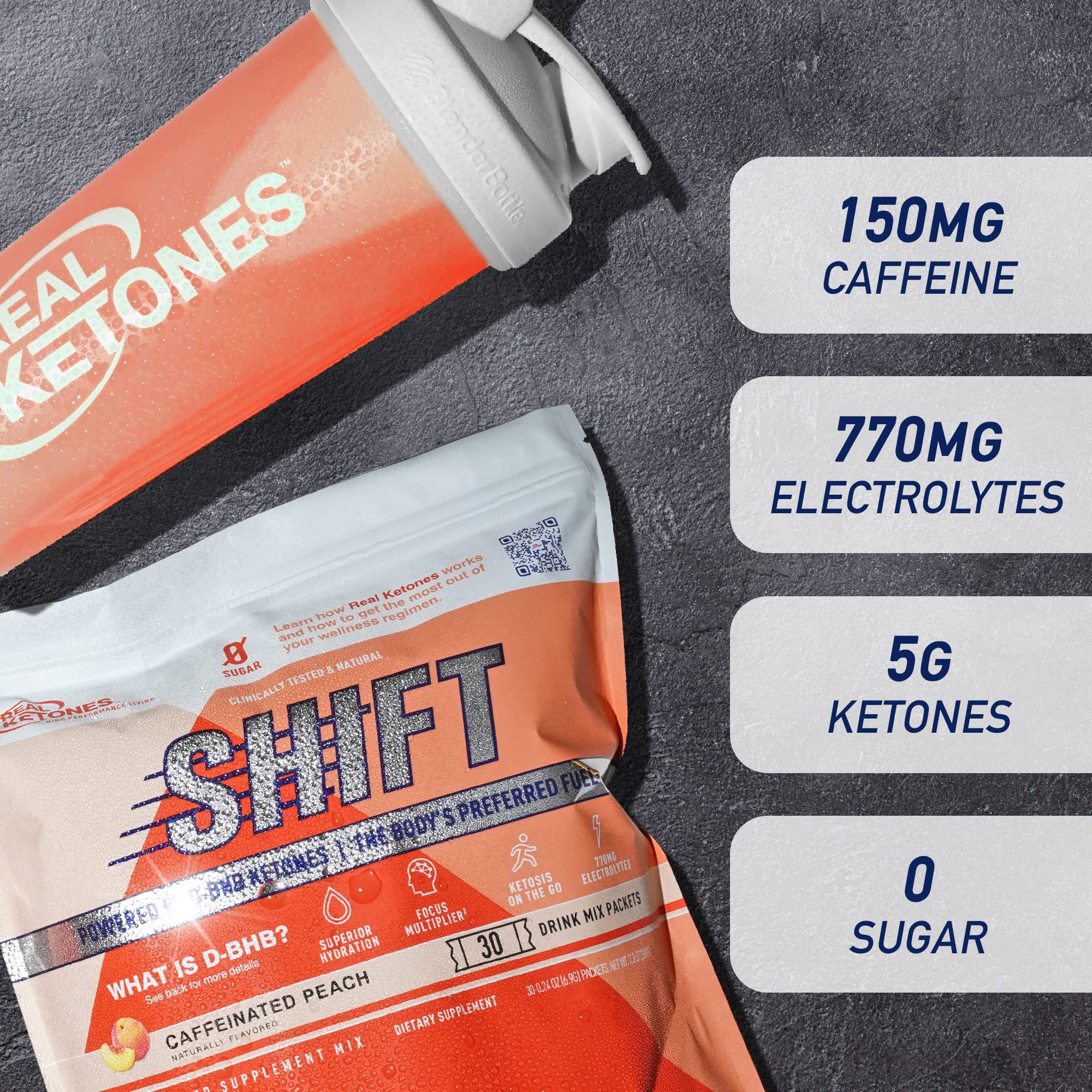 Close-up of Real Ketones Peach Caffeine label on exogenous ketones packet