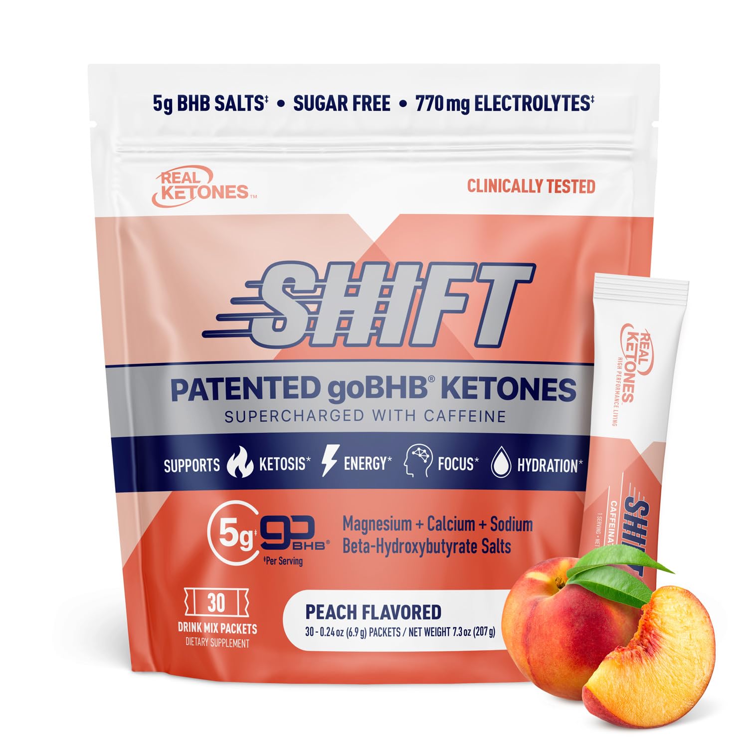 Real Ketones Peach Caffeine packet front view for quick ketone energy on the go