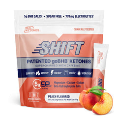 Real Ketones Peach Caffeine packet front view for quick ketone energy on the go