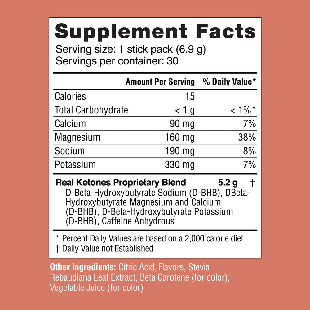 Nutrition panel on Real Ketones Peach Caffeine packet highlights electrolytes