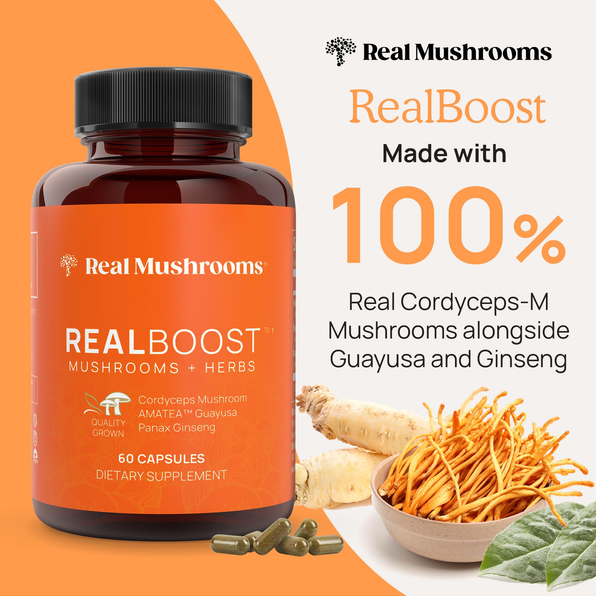 Real Mushrooms RealBoost guayusa extract highlighting natural focus support.