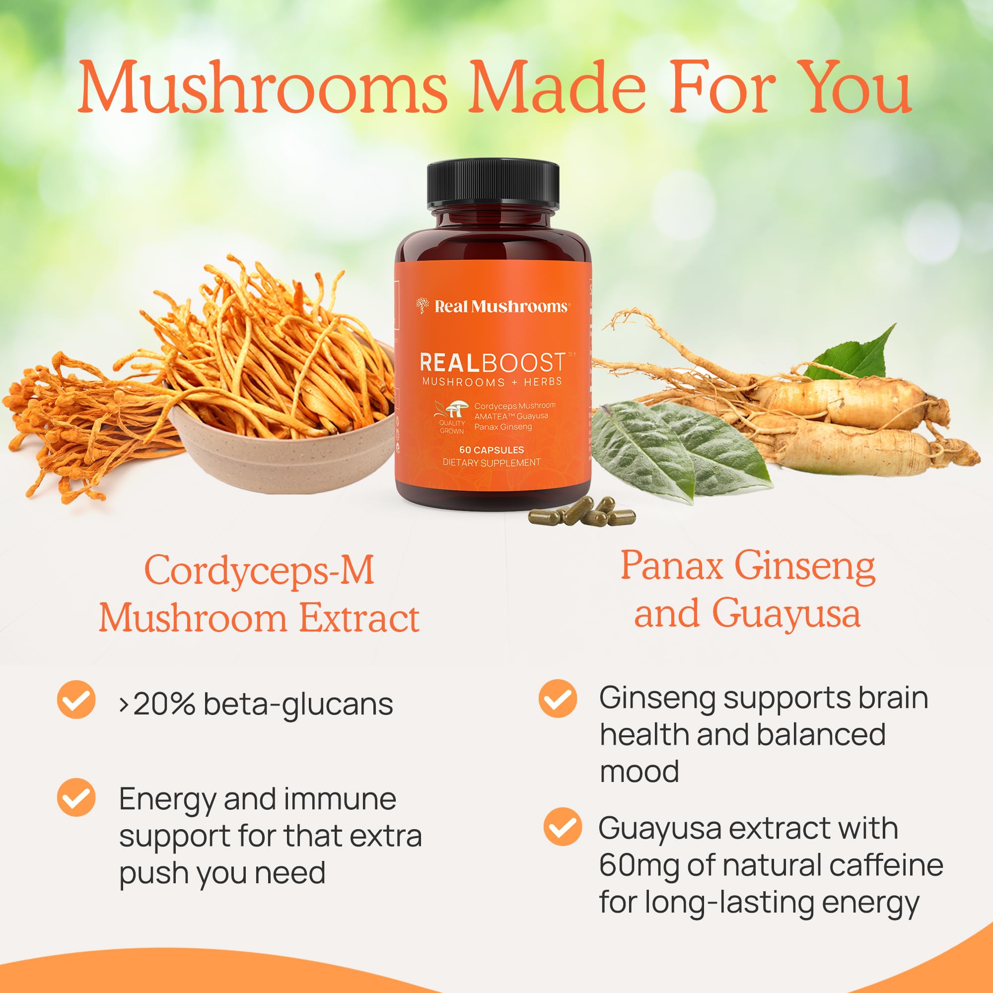 Real Mushrooms RealBoost lab-tested beta-glucans and ginsenosides on label.