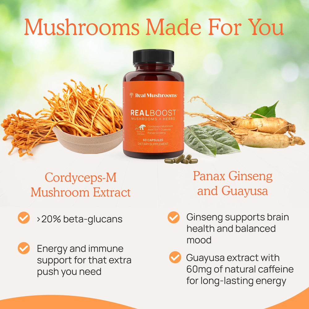 Real Mushrooms RealBoost lab-tested beta-glucans and ginsenosides on label.