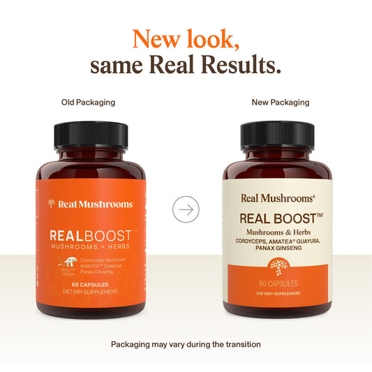Real Mushrooms RealBoost Panax ginseng capsules for sustained vitality.