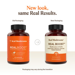 Real Mushrooms RealBoost Panax ginseng capsules for sustained vitality.