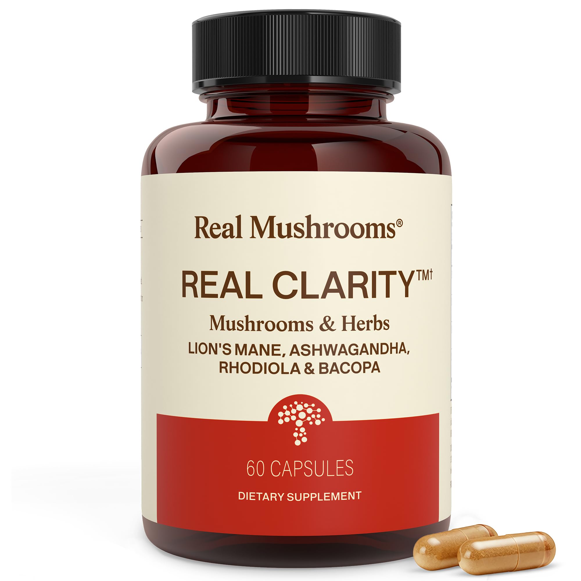Real Mushrooms RealClarity bottle shows vegan, non-GMO formula for daily focus.