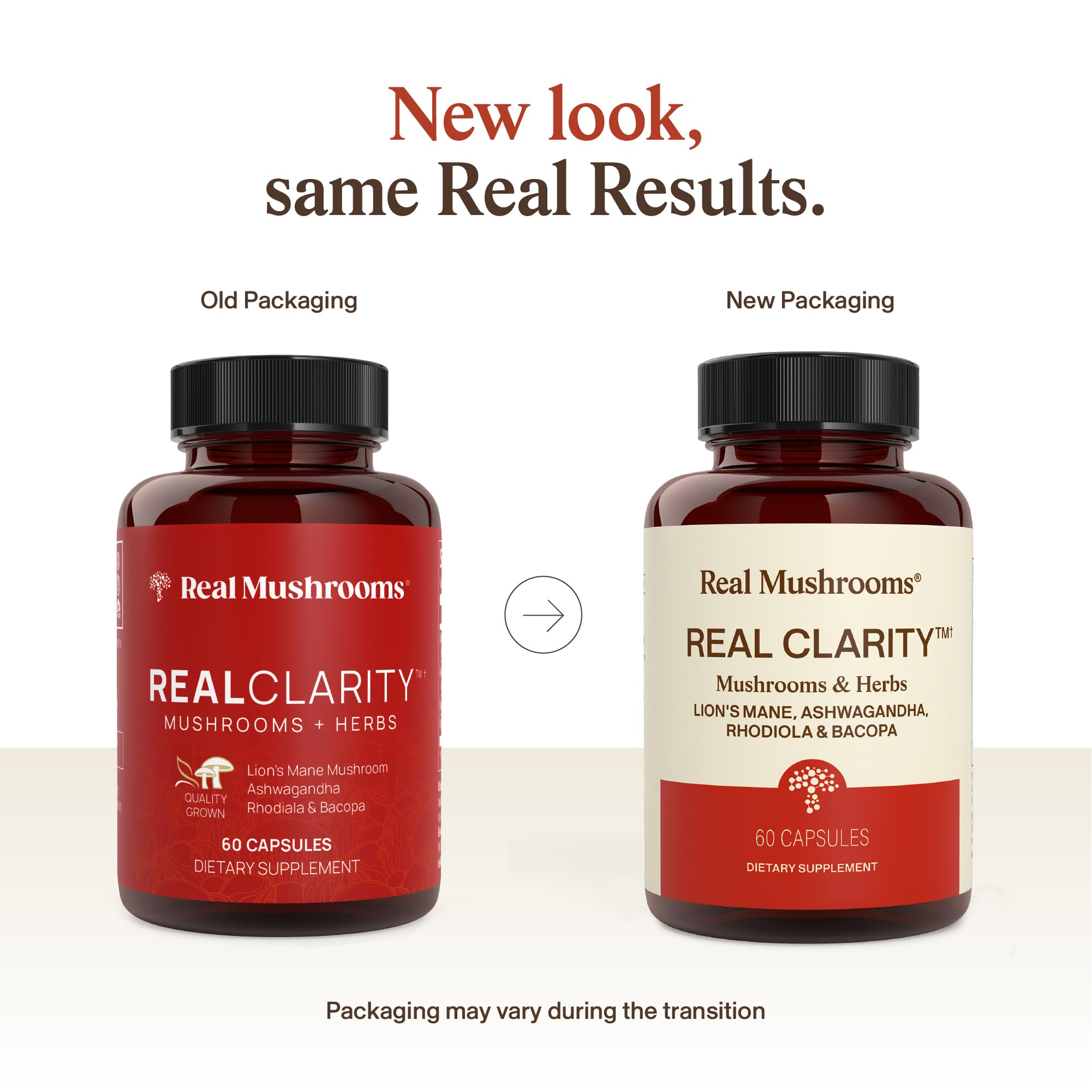 Real Mushrooms RealClarity capsules close-up highlighting lion's mane for cognitive support.