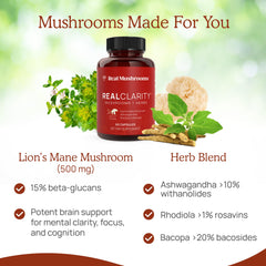 Real Mushrooms RealClarity fruiting bodies blend photo highlighting purity.