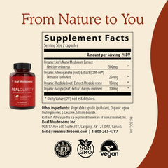 Real Mushrooms RealClarity ksm-66 ashwagandha image indicates stress resilience.