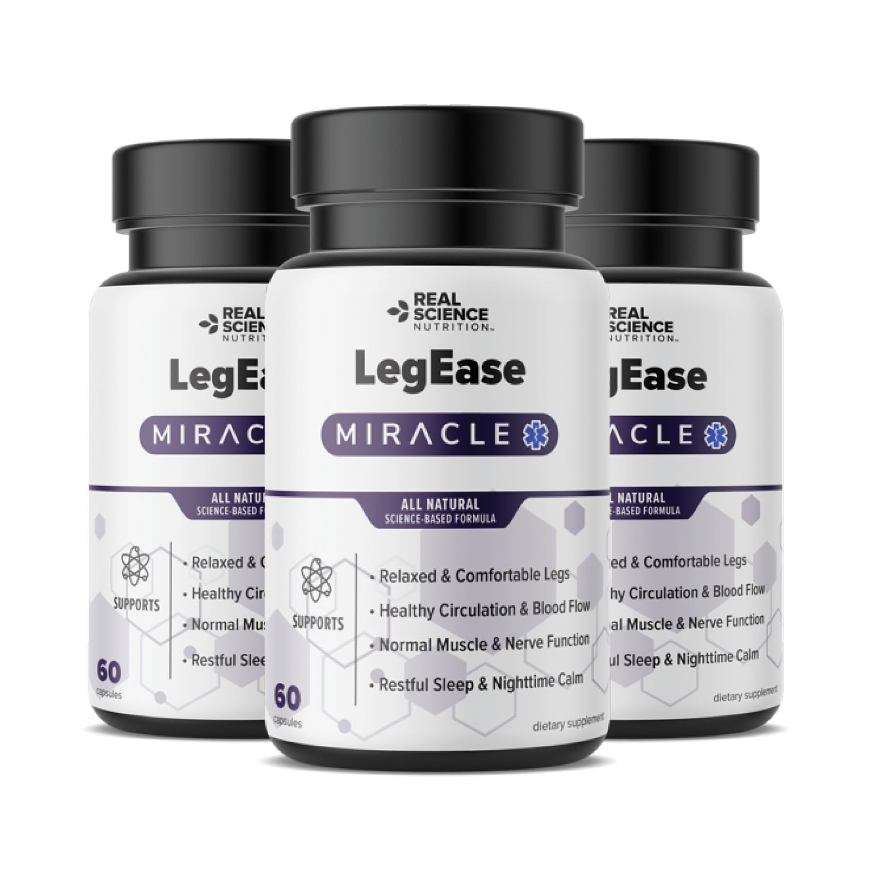 Real Science LegEase Miracle bottle front shows the product for nightly leg relief