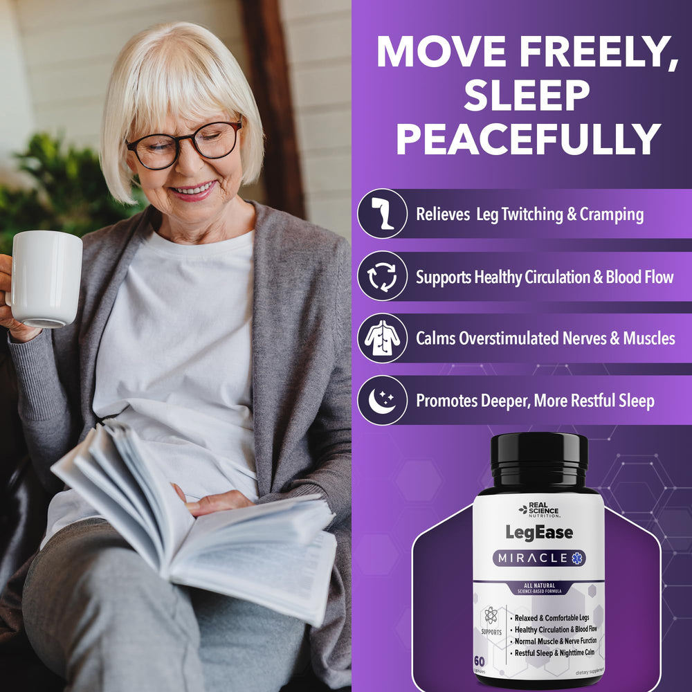 Real Science LegEase Miracle bottle label highlights nitric oxide support for circulation