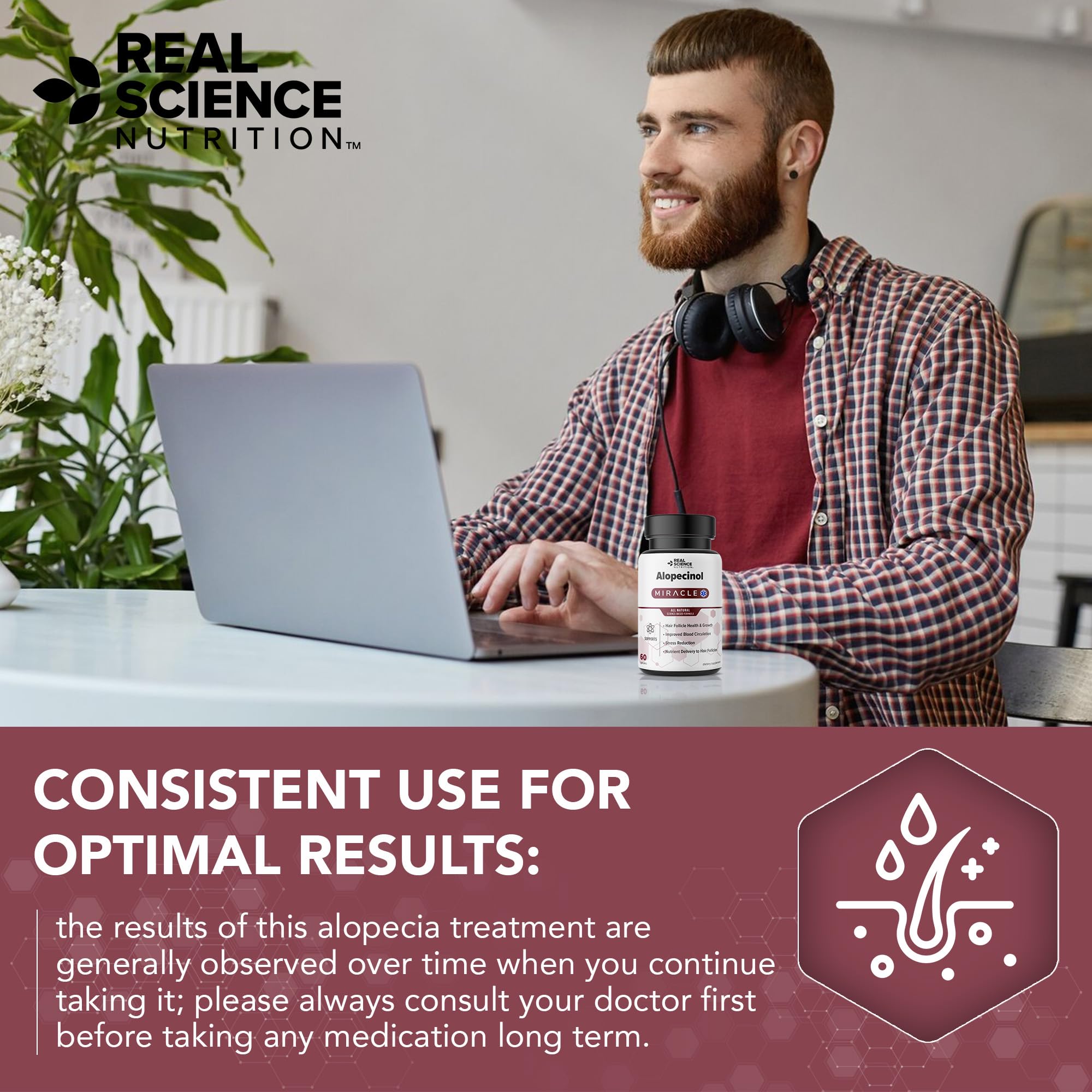 Real Science Nutrition Alopecinol Miracle glass bottle image conveys product transparency