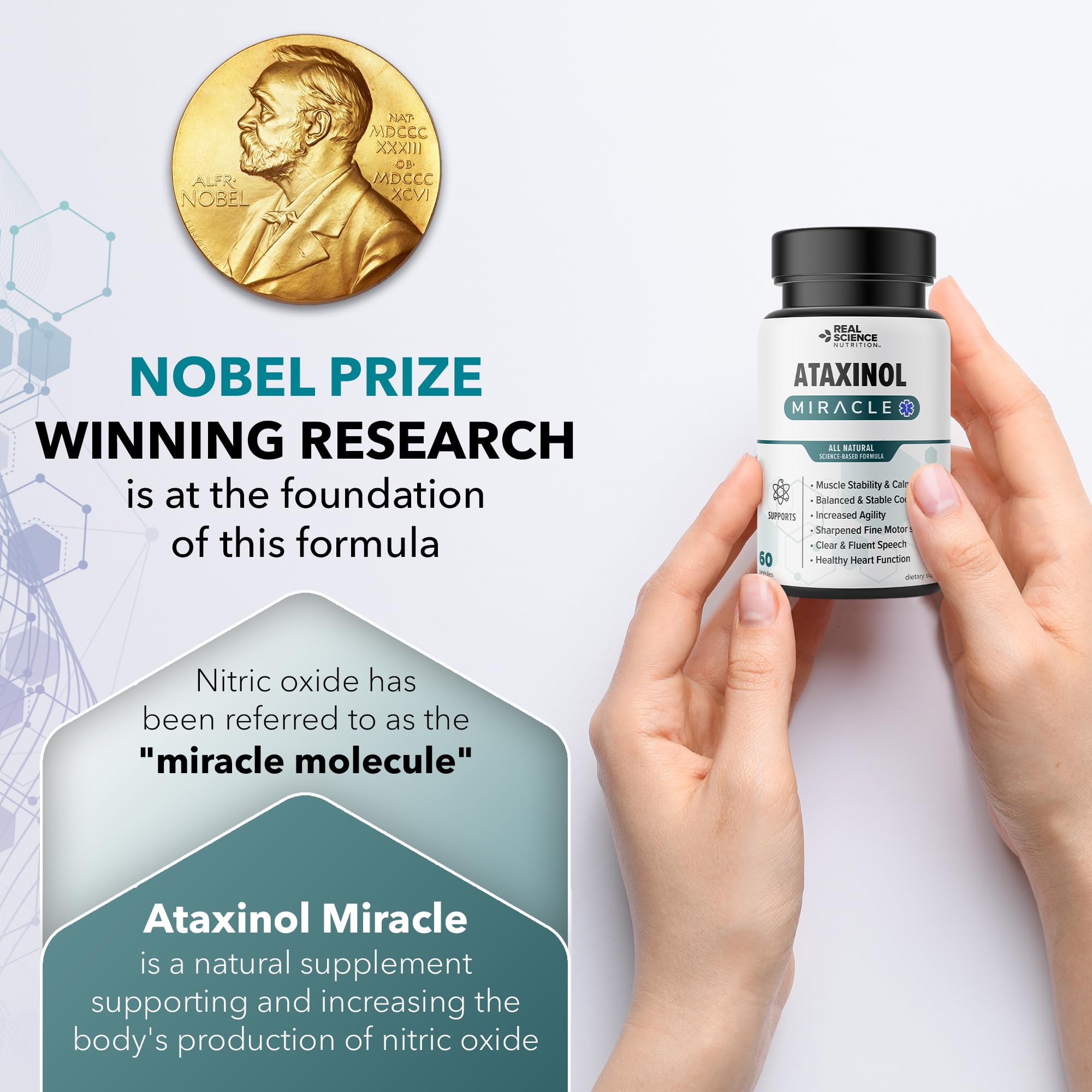 Glass of water beside Ataxinol Miracle bottle for daily use.