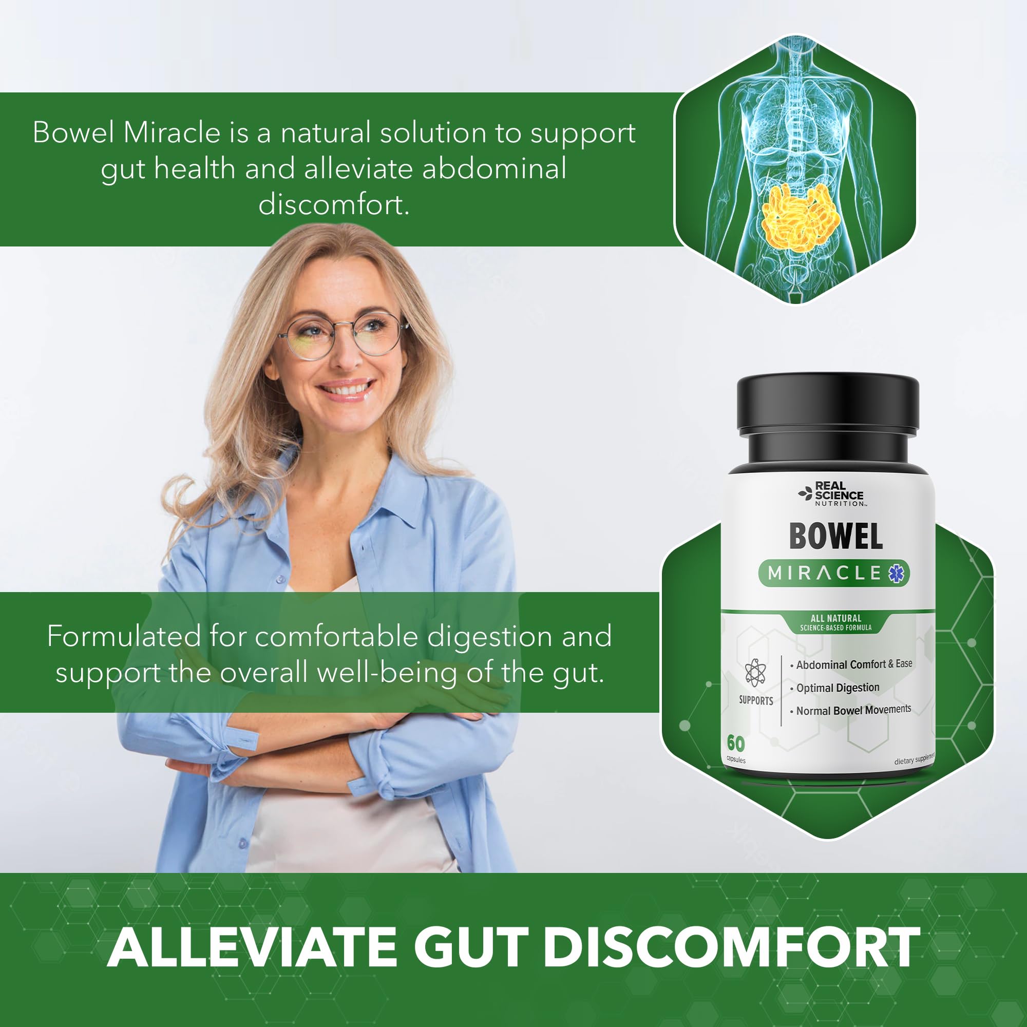 Real Science Nutrition Bowel Miracle gut health illustration suggesting balanced digestion