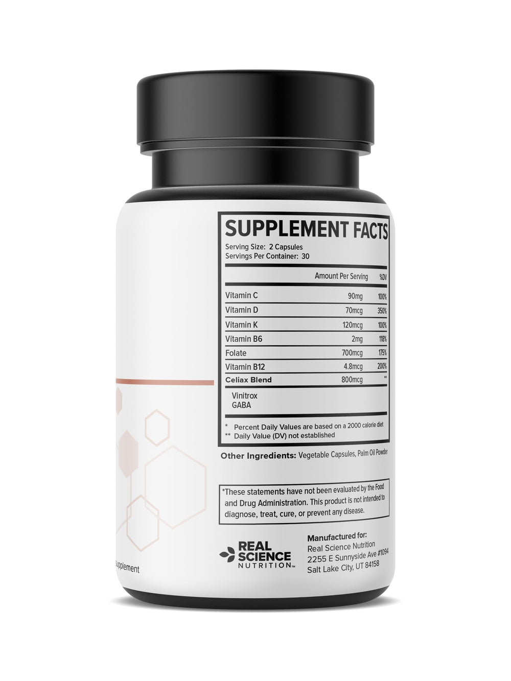 Real Science Nutrition Celi-Act Miracle label closeup shows natural vitamin and mineral ingredients