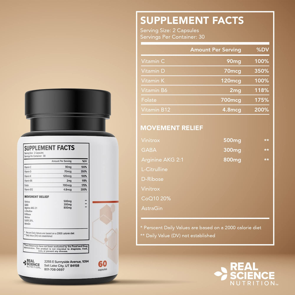 Real Science Nutrition Dystonia Miracle capsules beside glass of water