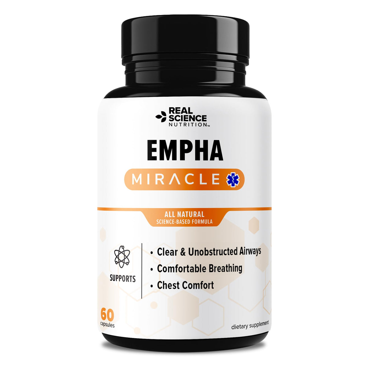 Real Science Nutrition Empha Miracle bottle on shelf highlighting natural breathing support