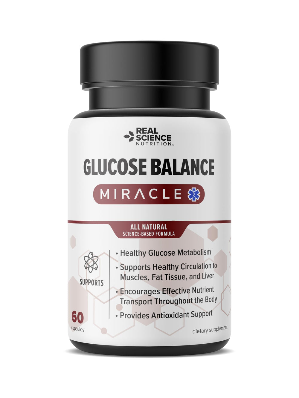 Real Science Nutrition Glucose Balance bottle label close-up highlighting nitric oxide support for metabolism.