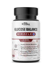 Real Science Nutrition Glucose Balance bottle label close-up highlighting nitric oxide support for metabolism.