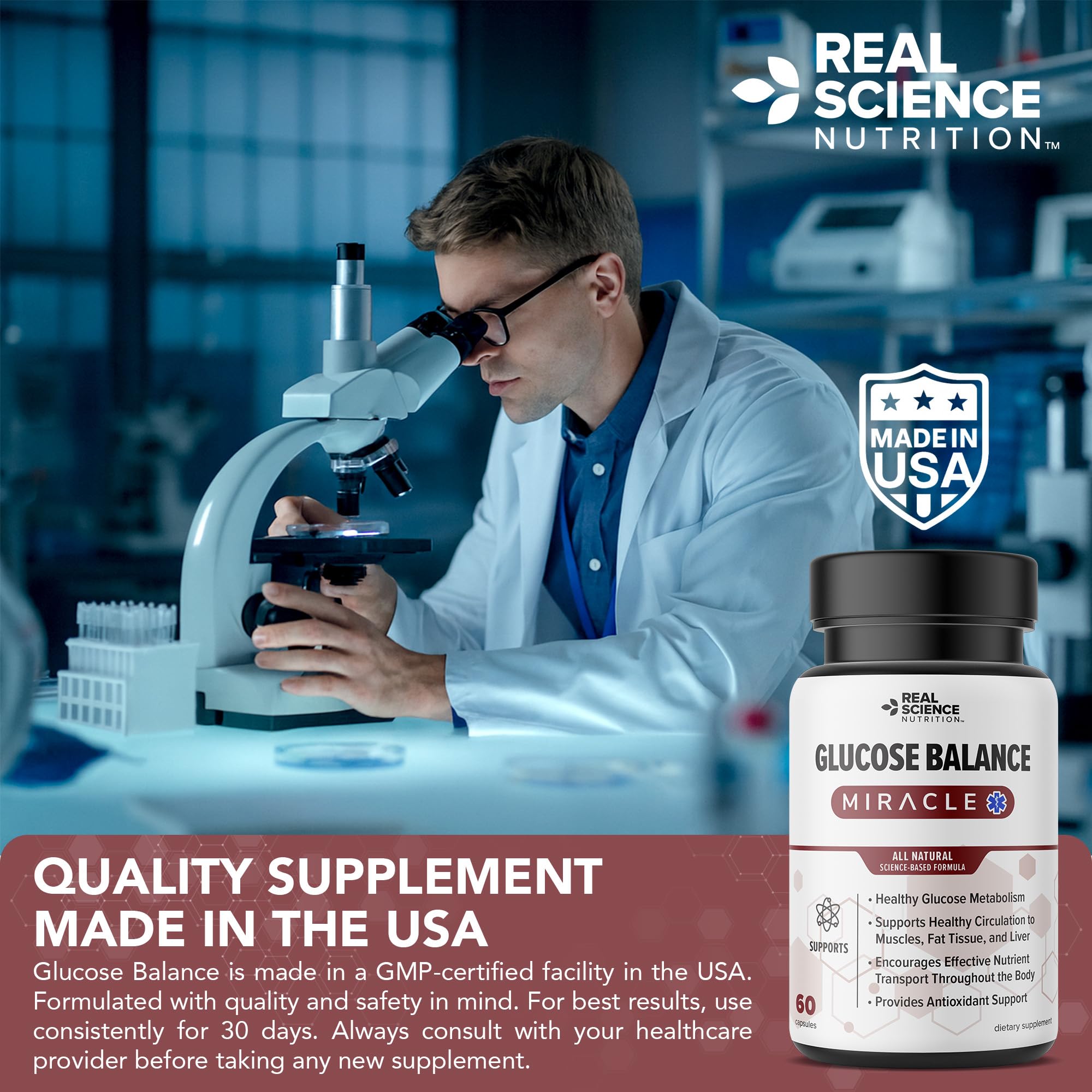Real Science Nutrition Glucose Balance packaging showing ingredients list for informed decisions.