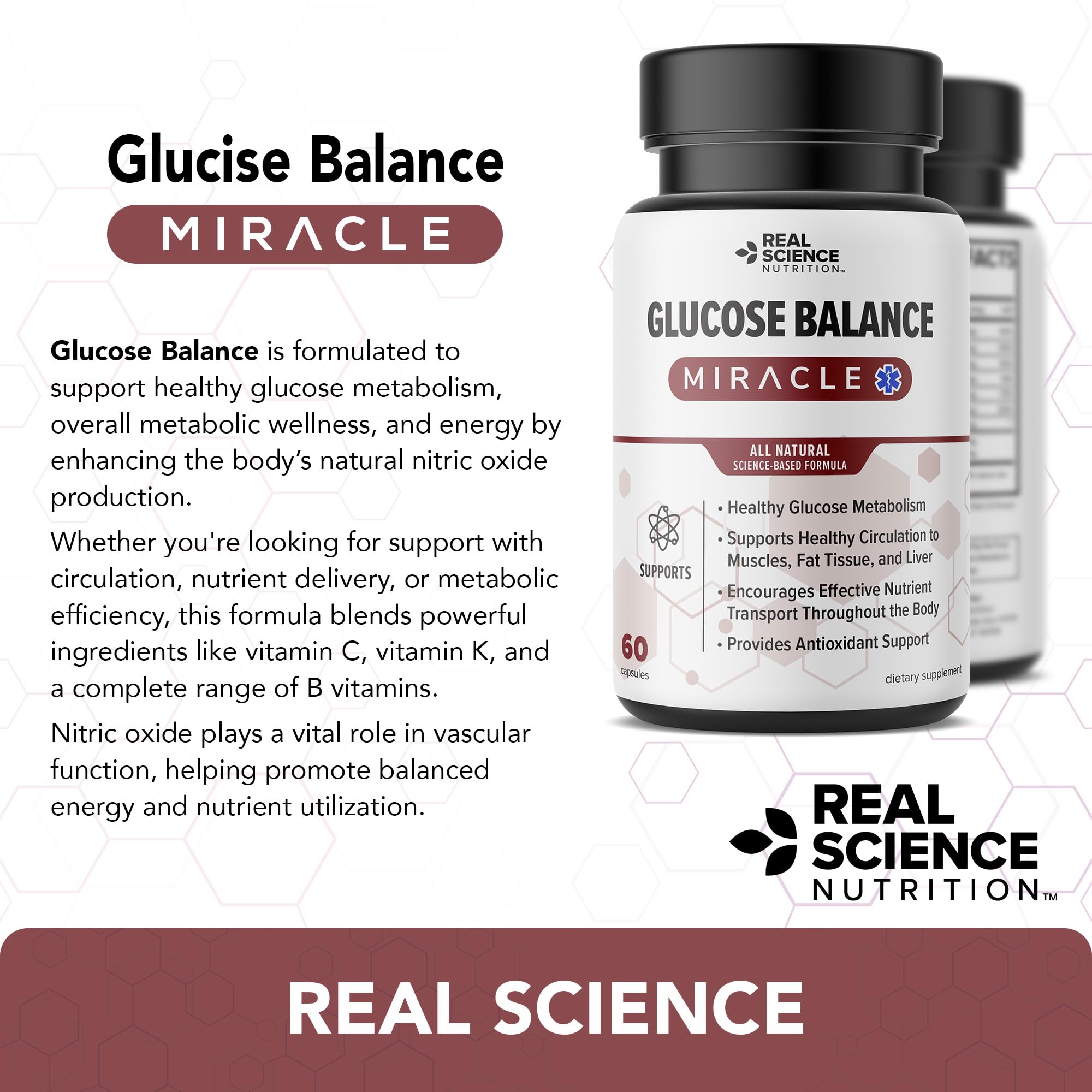 Real Science Nutrition Glucose Balance ingredients image with vitamins C, K, and B vitamins.