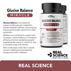 Real Science Nutrition Glucose Balance ingredients image with vitamins C, K, and B vitamins.