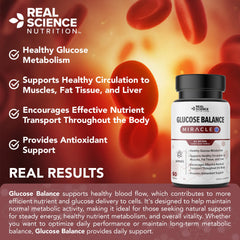 Real Science Nutrition Glucose Balance bottle with USA-made facility icon for safety and quality.