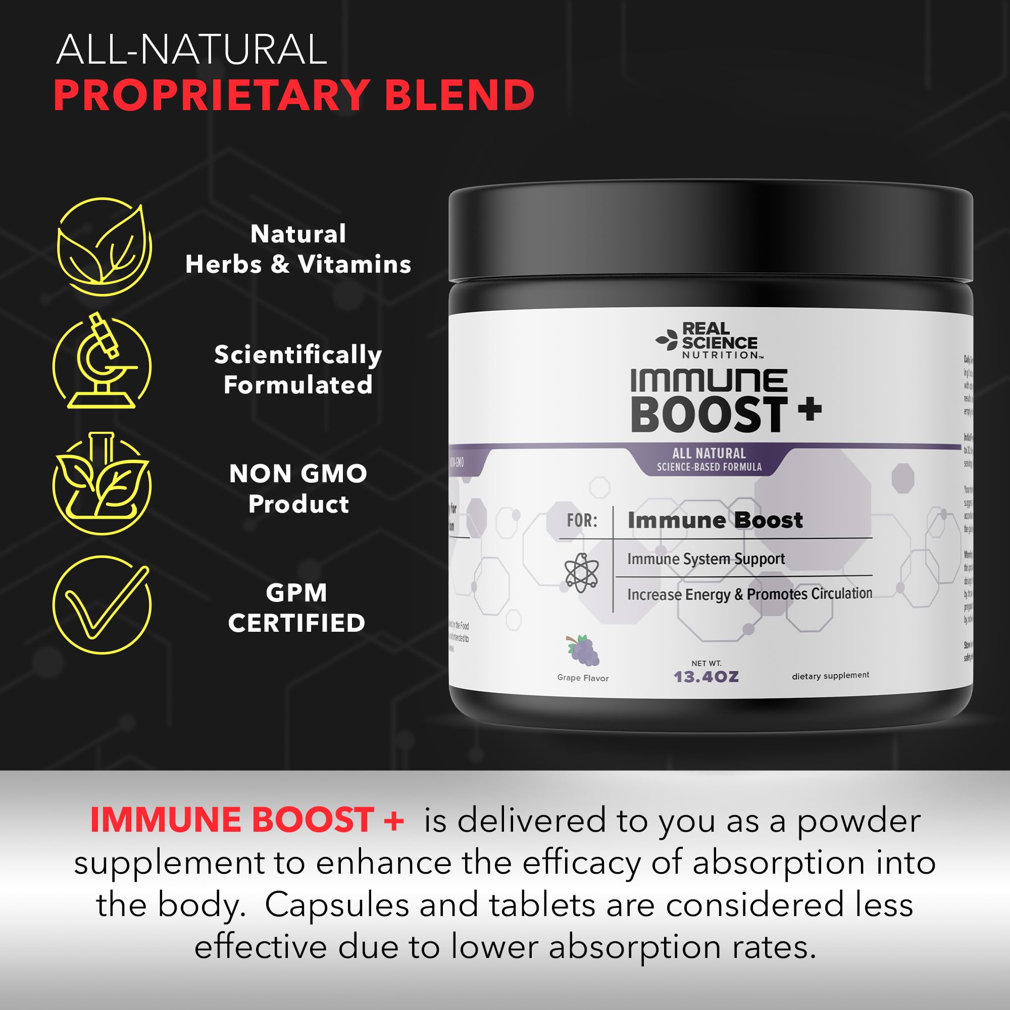 Bottle of Real Science Nutrition Immune Boost Plus on a shelf
