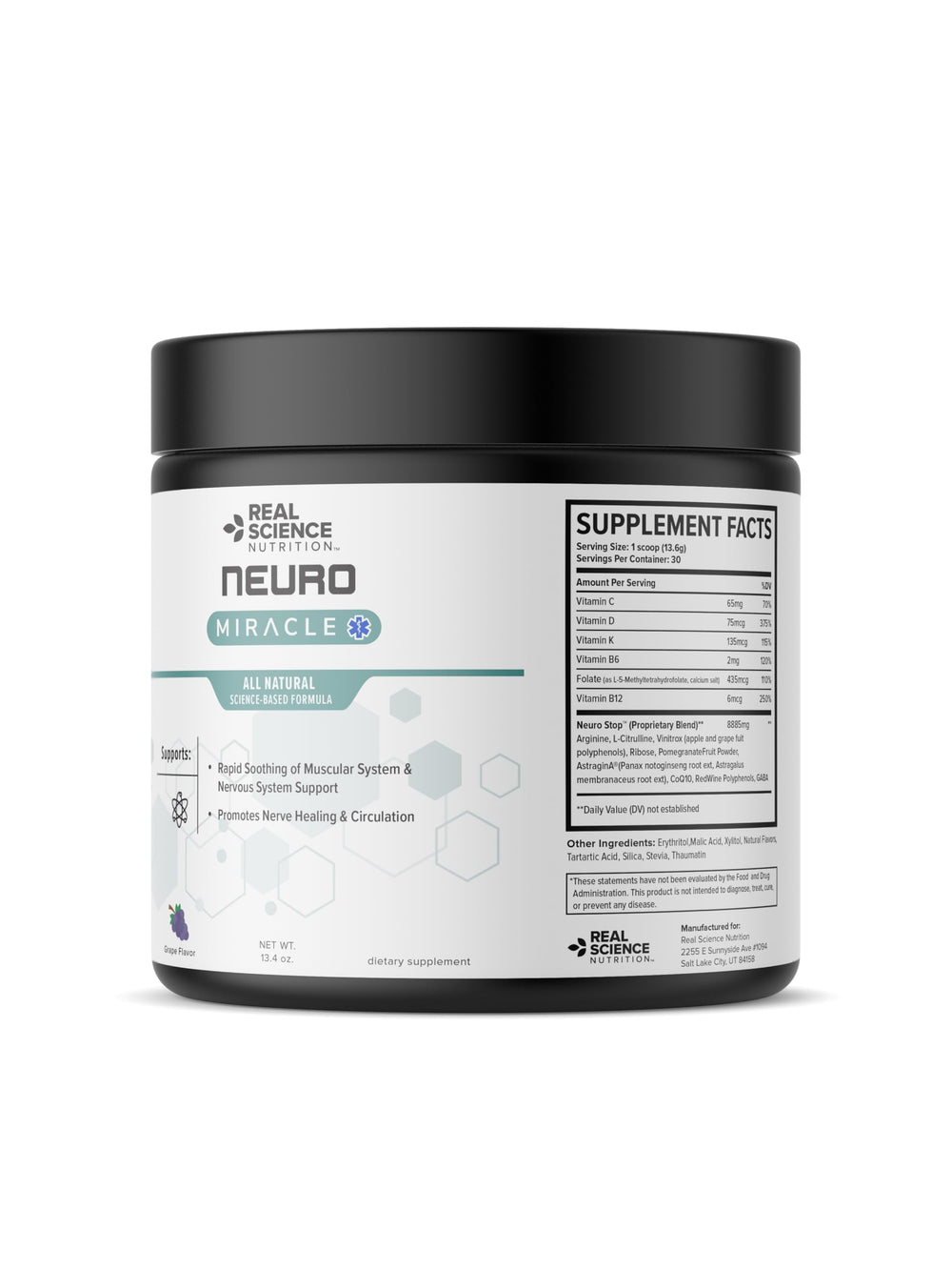 Real Science Nutrition Neuropathy Miracle bottle with scoop highlights convenient daily use.