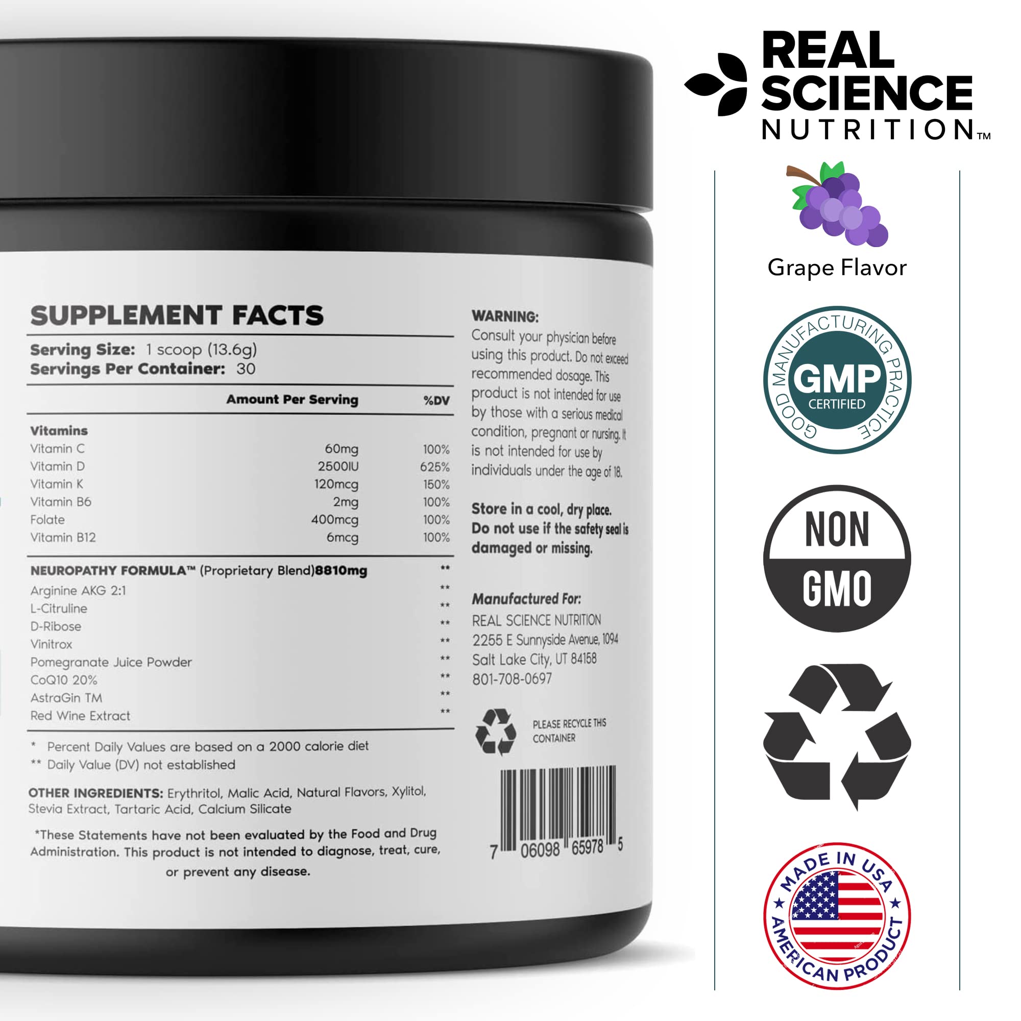 Real Science Nutrition Neuropathy Miracle usage steps with scoop and glass.