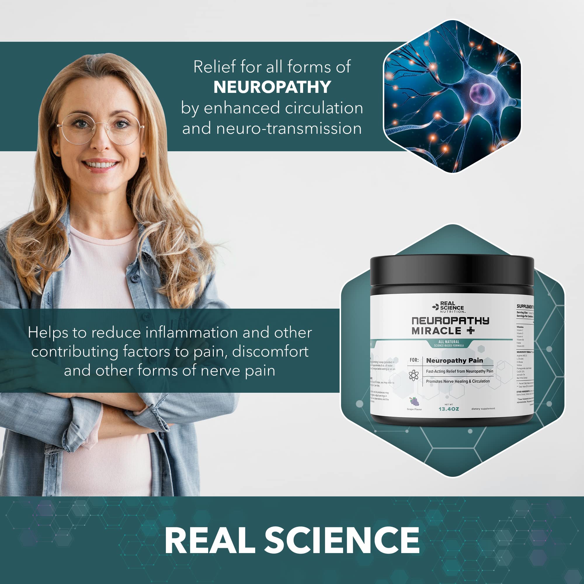 Real Science Nutrition Neuropathy Miracle packaging conveying USA made quality.