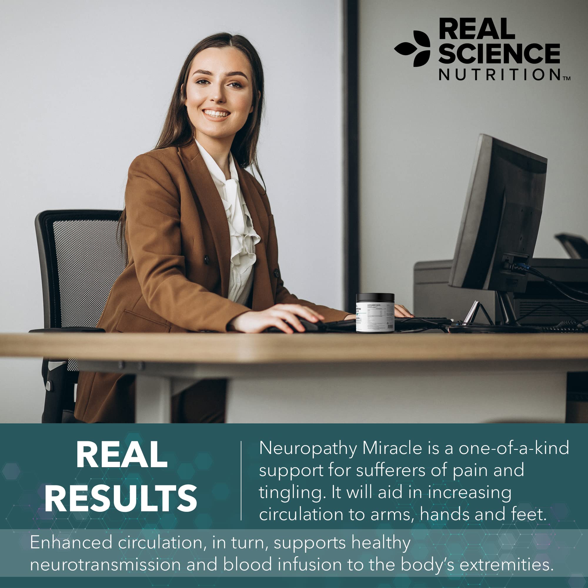 Real Science Nutrition Neuropathy Miracle powder dissolving in beverage for fast absorption.