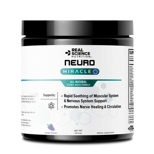 Real Science Nutrition Neuropathy Miracle powder tub shown for daily circulation support.