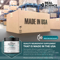 Real Science Nutrition Neuropathy Miracle US manufacturing facility symbol for quality.